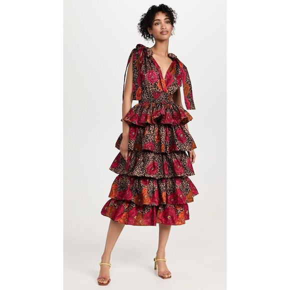 ELISAMAMA Sz S Small One Midi Dress Fuchsia Orange Black Floral Tiered Ruffle - Picture 2 of 11